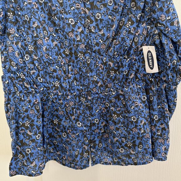 Old Navy Button Front Waist Defined Blouse Smocked Back Peasant Top Blue Floral - Picture 4 of 6